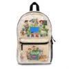 Personalized Toy Story 5 backpack, front view, with Woody, Buzz, Jessie and the gang plus a photo frame.