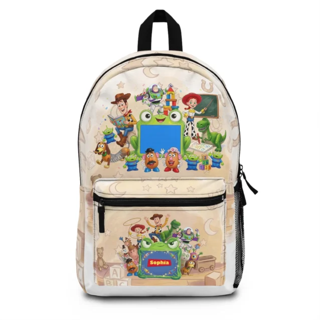 Personalized Toy Story 5 backpack, front view, with Woody, Buzz, Jessie and the gang plus a photo frame.