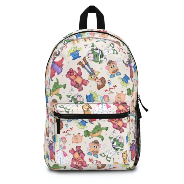 Front view of the Classic Andy's Room Toy Story backpack in cream sketch print