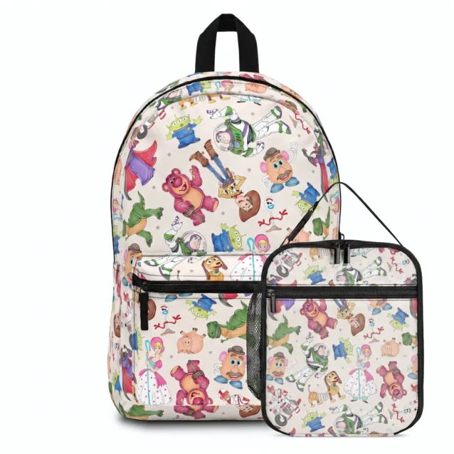 Classic Andy's Room Toy Story backpack and matching lunch bag school set on cream sketch print