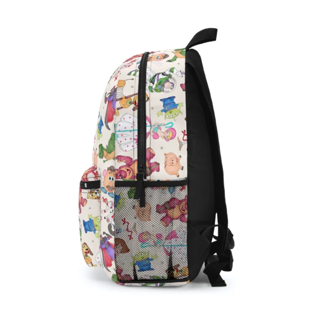 Side view of the Classic Andy's Room Toy Story backpack showing the mesh bottle pocket