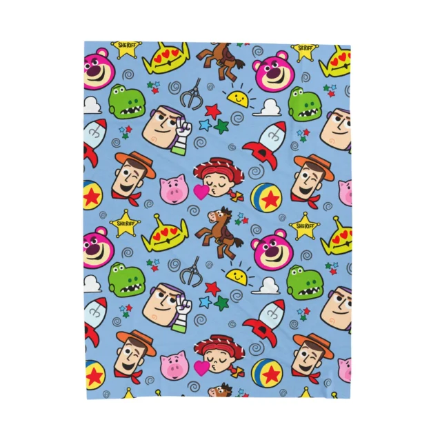 A personalized Toy Story blanket in the Blue Cartoon Doodle design, shown flat.