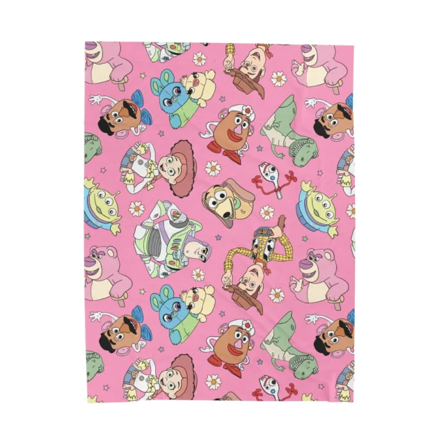 A personalized Toy Story blanket in the Pink Character Print design, shown flat.