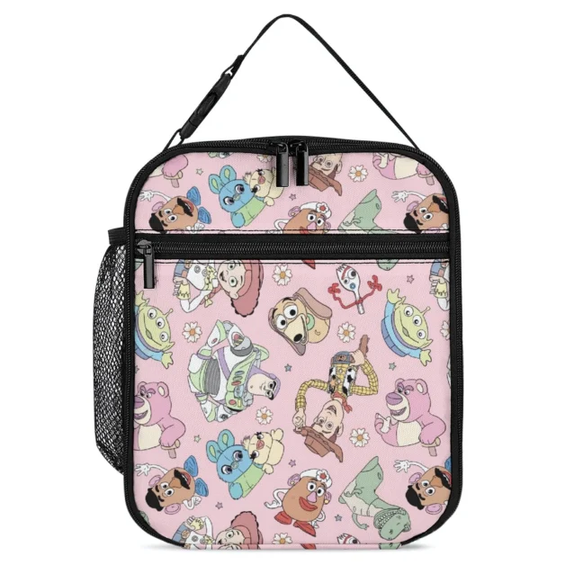 Soft pink Bo Peep pastel Toy Story lunch box with a front zip pocket and top carry handle