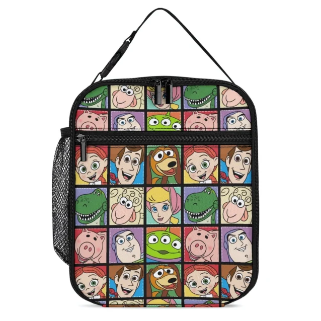 Woody, Buzz and Rex in a bright character grid on an insulated Toy Story school lunch bag
