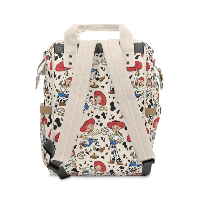 Back view of the Jessie cowgirl Toy Story diaper bag showing the padded back panel and adjustable straps.