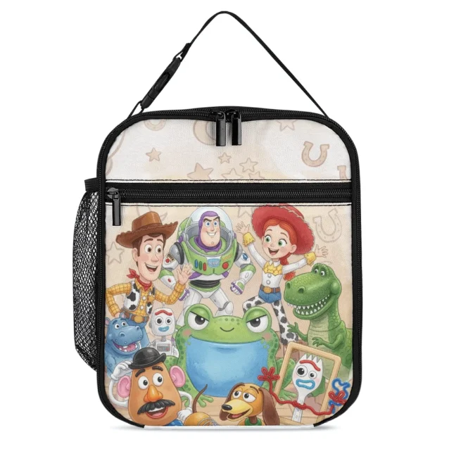 Cream Toy Story lunch bag showing Woody, Buzz, Jessie and Rex together in a group portrait print