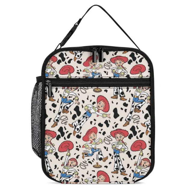 Toy Story lunch bag in the Jessie cow-print roundup design, mesh side pocket holding a water bottle