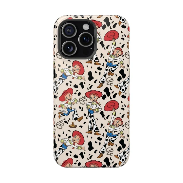 Jessie cowgirl Toy Story phone case with a cow-print pattern for iPhone, Samsung, and Google Pixel.