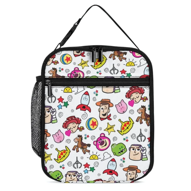 Pizza Planet alien icons scattered across a white personalized Toy Story insulated lunch box