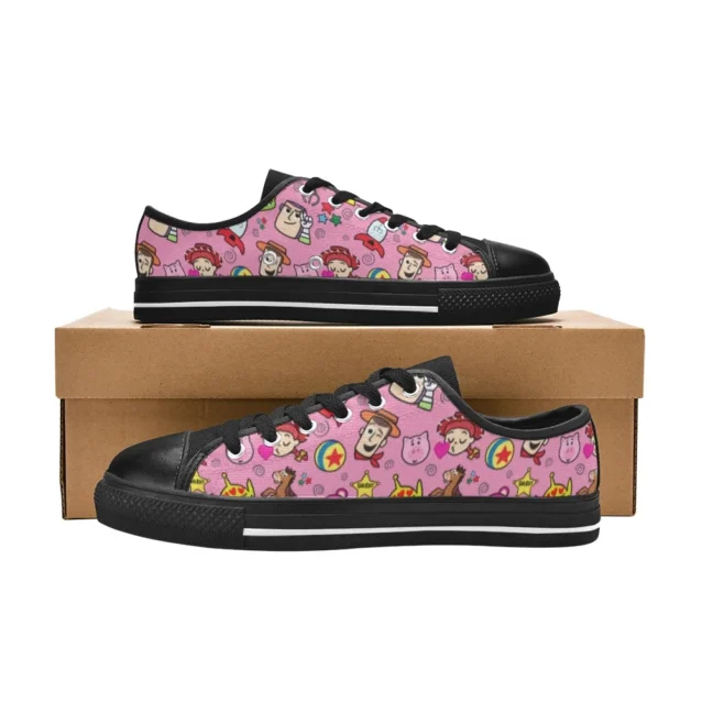 Toy Story shoes for kids, pink low-top canvas sneakers with Jessie, Woody and the gang, black sole.