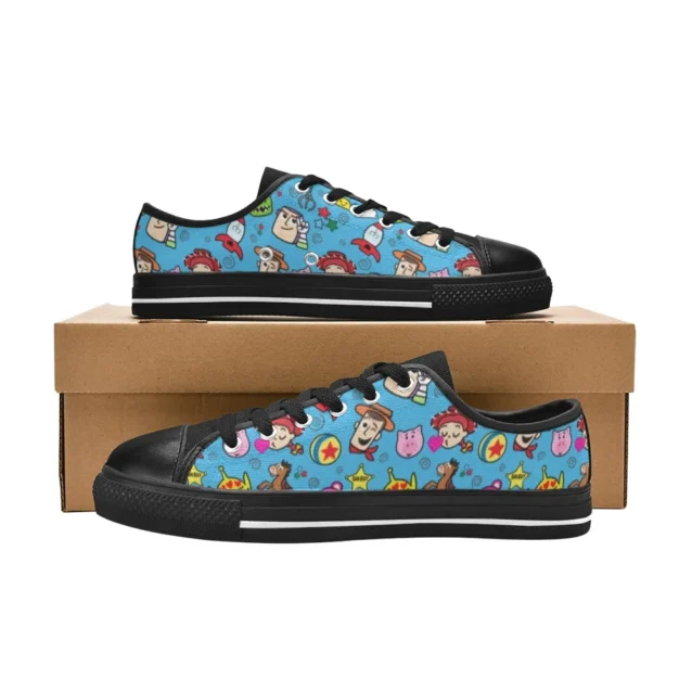 Blue Toy Story low-top canvas shoes with Woody, Buzz Lightyear and Jessie on a black sole.