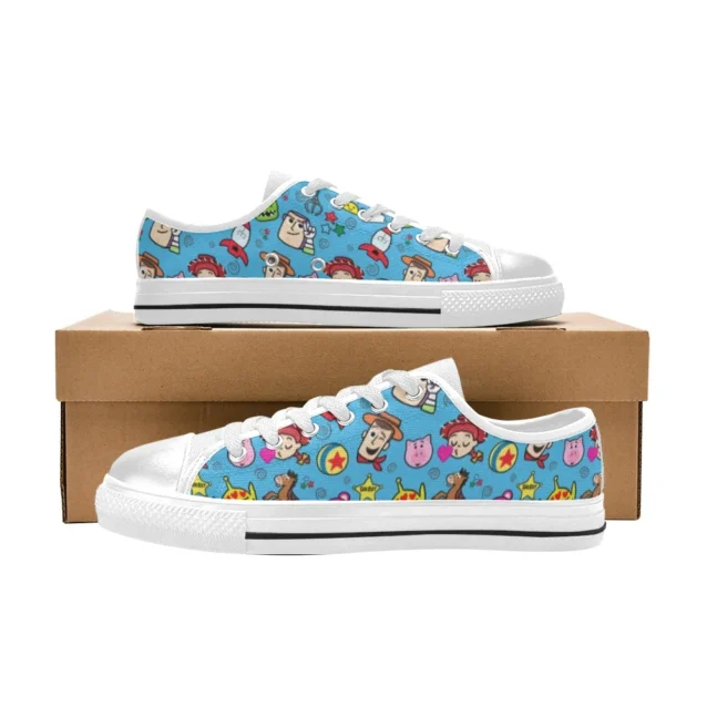 Woody and Buzz Lightyear Toy Story low-top sneakers in blue with a white sole for kids.