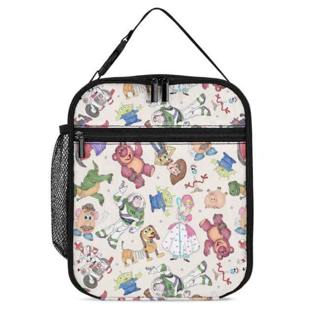 Hand-drawn Toy Story sketch doodles cover this lightweight personalized kids lunch box