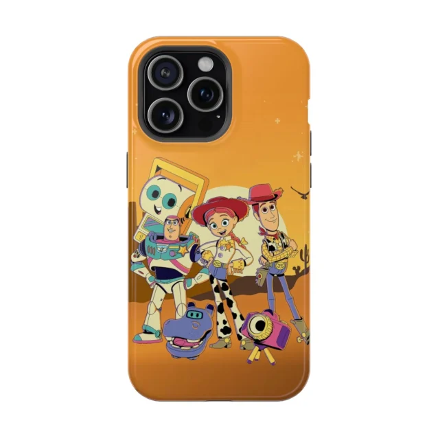 Orange sunset Toy Story phone case with Woody, Buzz and Jessie in western style for iPhone and Samsung.