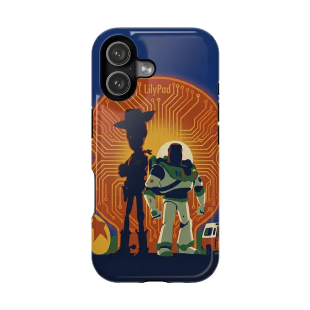 Toy Story 5 silhouette phone case with Woody, Buzz Lightyear and the villain LilyPad on navy for iPhone and Samsung.