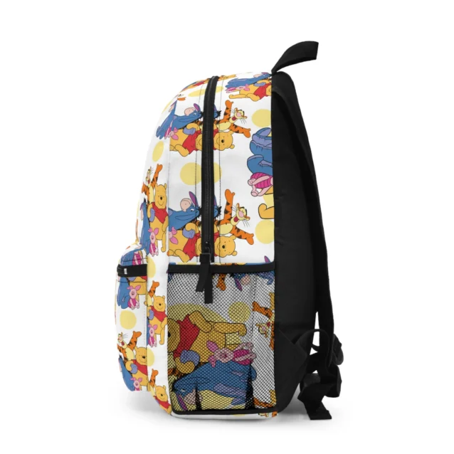 Pooh and friends white backpack seen from the side, characters tumbling down the panel.
