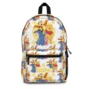 White Winnie the Pooh and friends backpack with Eeyore, Tigger and Piglet hugging Pooh, plus a printed name.