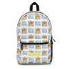Personalized Winnie the Pooh backpack covered in classic blue-and-yellow Pooh logo tiles, with a custom name.