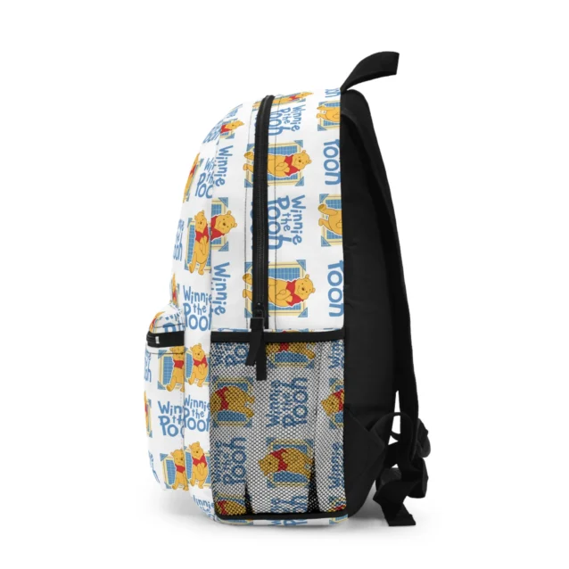 Side view of the classic Winnie the Pooh logo backpack showing the mesh bottle pocket and padded straps.