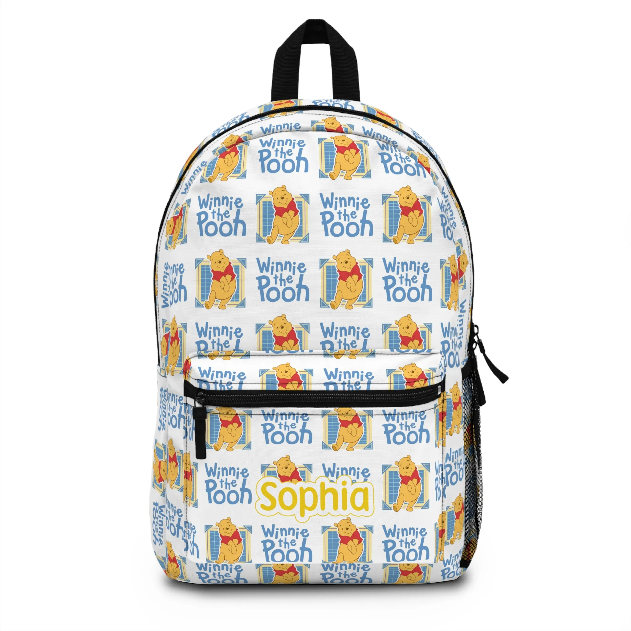 Personalized Winnie the Pooh backpack covered in classic blue-and-yellow Pooh logo tiles, with a custom name.